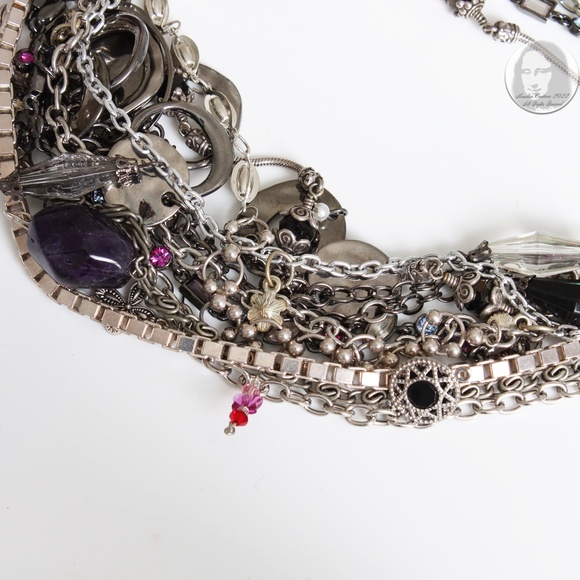 Chunky Necklace Multi-chain Quartz Crystals Charms Upcycled Artisan OOAK - Picture 7 of 9